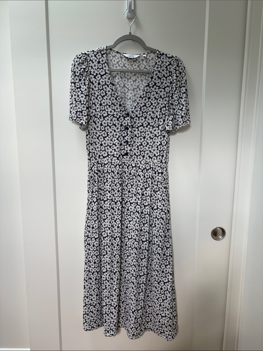 Floral V-Neck Midi Dress - Navy & White
